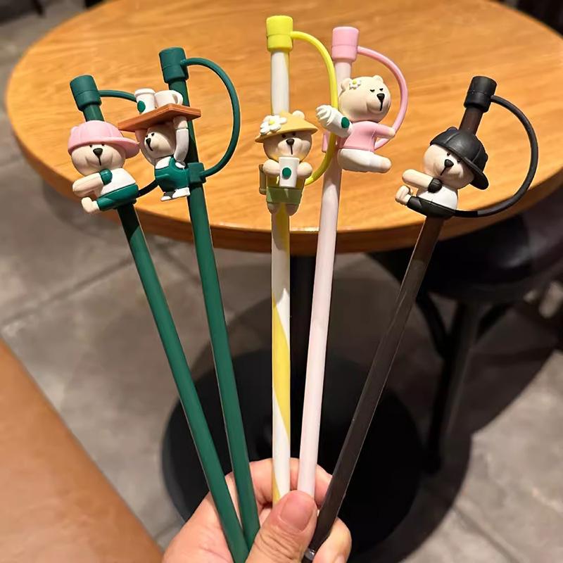 1PC Cute Bear Silicone Straw Cover Caps 7-8mm Straw Topper Reusable Splash Dust-proof Straws Cover For Tumbler Cup Accessories