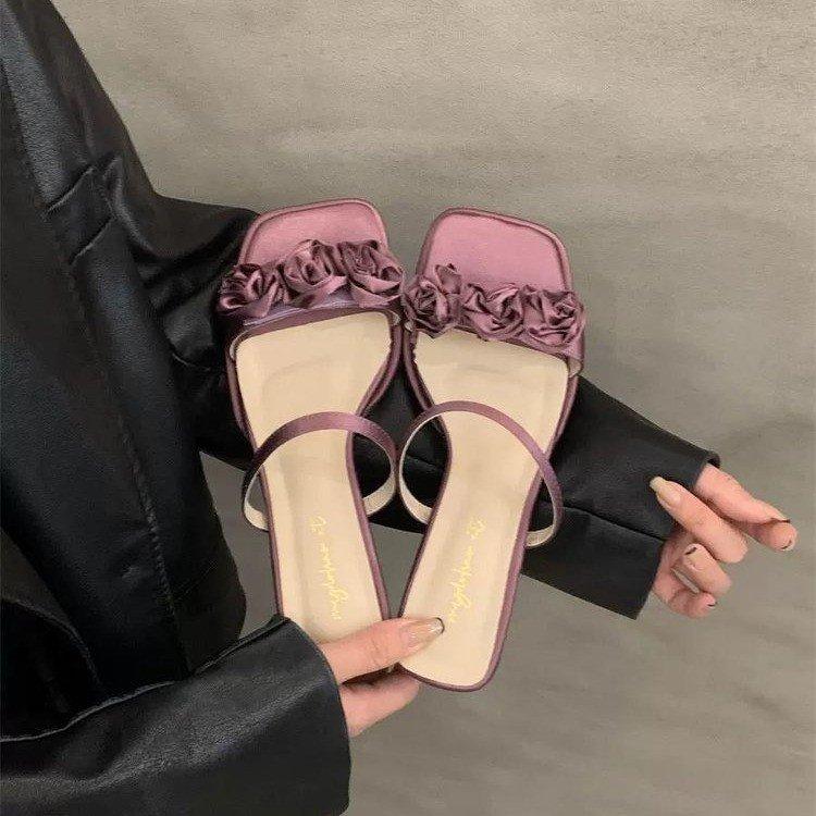2024 New Summer Fairy Style High-heeled Small Cool Slippers Wearing Purple One-word Drag French Sandals Women's Shoes