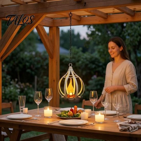 Courtyard Landscape Lighting Solar Flame Lantern, Garden Hanging Metal Outdoor Durable Exterior Yard Decor Waterproof Lantern for Patio Porch Powered