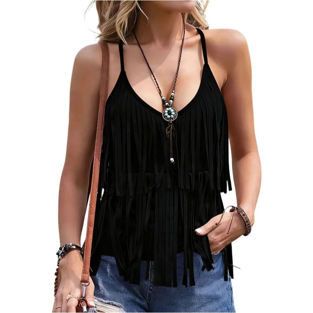 Women's Casual Fringe Sleeveless Tank Top Lightweight V Neck Summer Boho Style Layered Tassel Blouse for Outdoor Activities