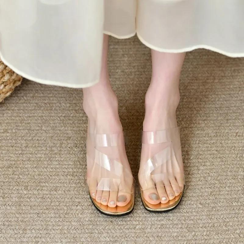 Fashion 2024 Summer Soft Platform Sandals for Women Fashion Transparent Pvc High Heel Sandalias Mujer New Clear Square Heels Slippers