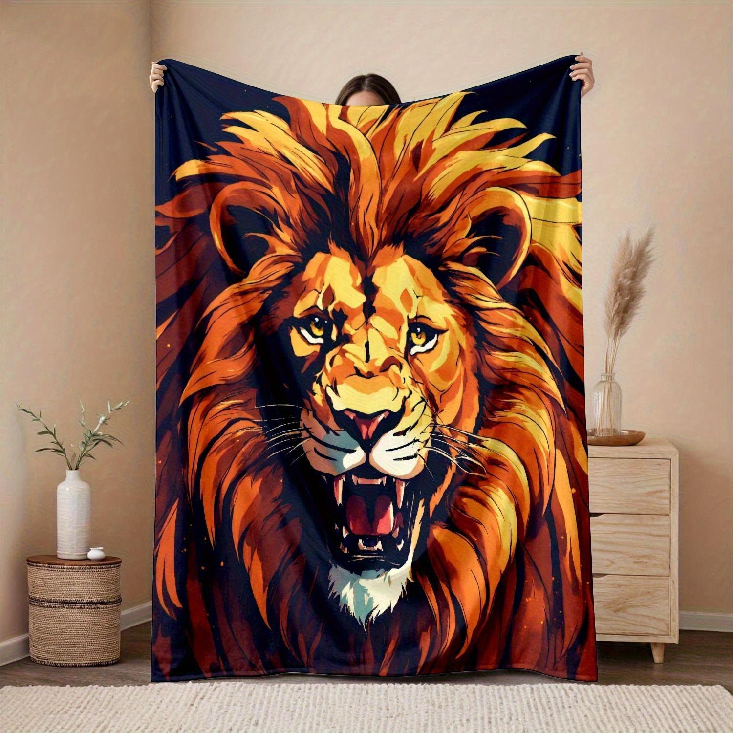 

Orange and black lion face pattern Flannel printed blanket suitable for all seasons suitable for living room office sofa travel 75x100cm