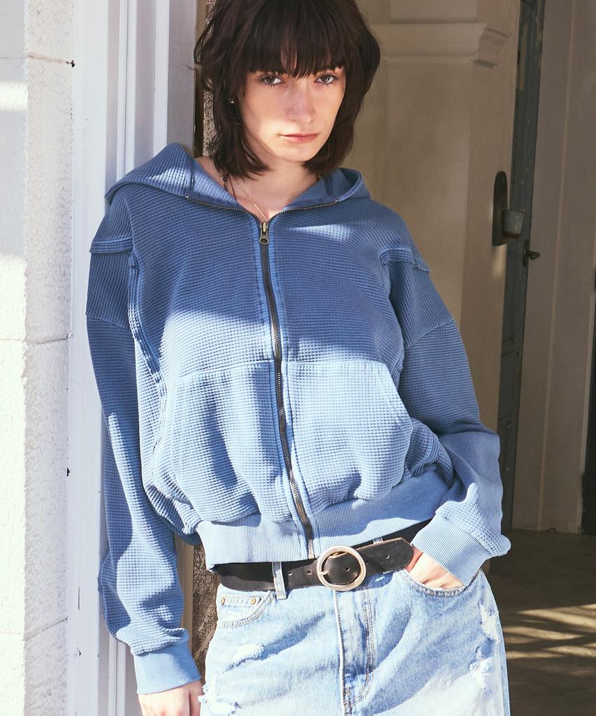 Sserpe Raw Pigment Waffle Zip-Up Hoodie Blue
