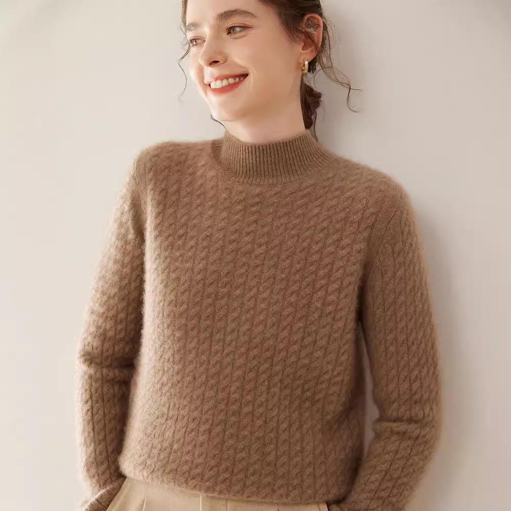 Women's Half-High Collar Cable Knit Cashmere Sweater - Korean Style Thick Pullover for Autumn and Winter
