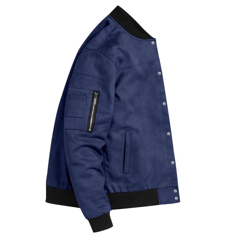 Autumn and Winter Men's Suede Solid Color Patchwork Casual Sports Stand Up Collar Button Jacket Long Sleeved Jacket Cardigan