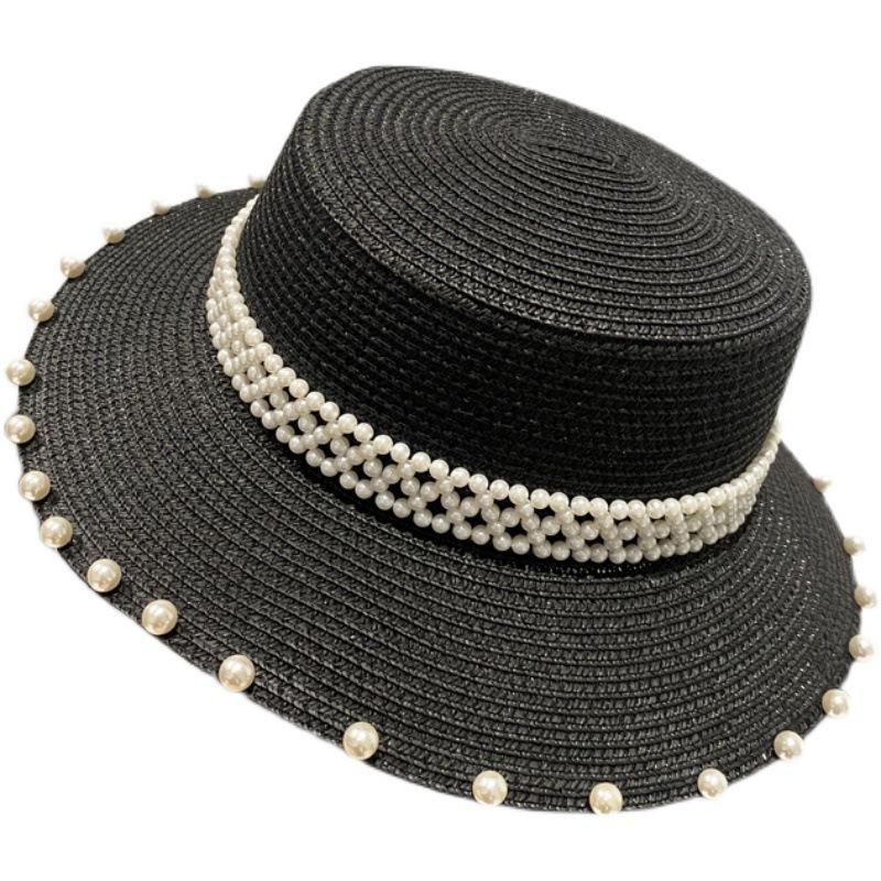 Summer Hat Female Sunshade Beach Seaside Big Eaves Sun Protection Flat Top Straw Hat Retro Pearl Fashion Vacation Sun Hat