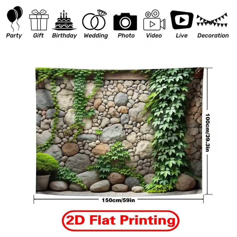 Rustic Cobblestone Wall Tapestry, Green Ivy Vines On Natural Rock Wall Hanging for Patio and Balcony