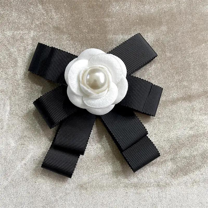 Kamelie Perle Schleife Brosche Schwarz Weiß Stoff Trauer Anstecknadel Hochwertig Französisch Elegant Tasche Kleidung Schal Accessoires Brosche