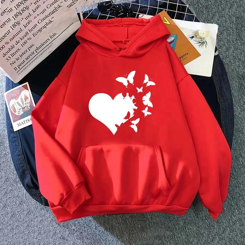 Heart Print Woman Hooded Sweatshirts Autumn Winter Daily Casual Sporty Hoodie Female Urban Fashion Warm Comfortable Hoody Coat