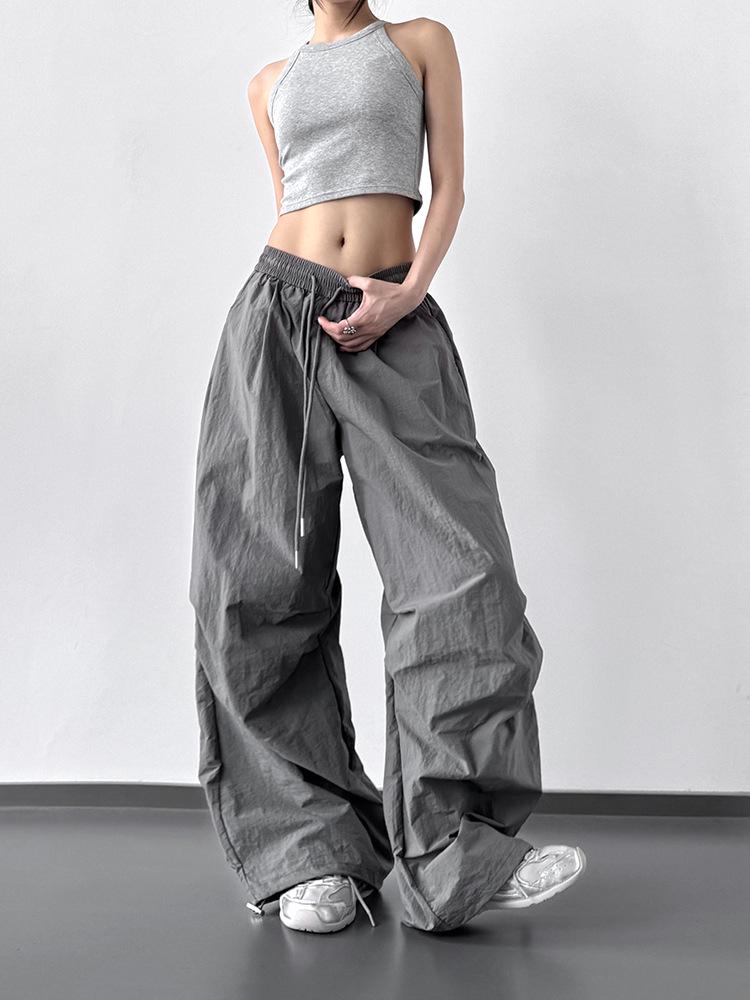 Women's Solid Color Wide-Leg Cargo Pants with Drawstring and Cuffs - Spring Summer 2025 High-Waist, Loose, Floor-Length