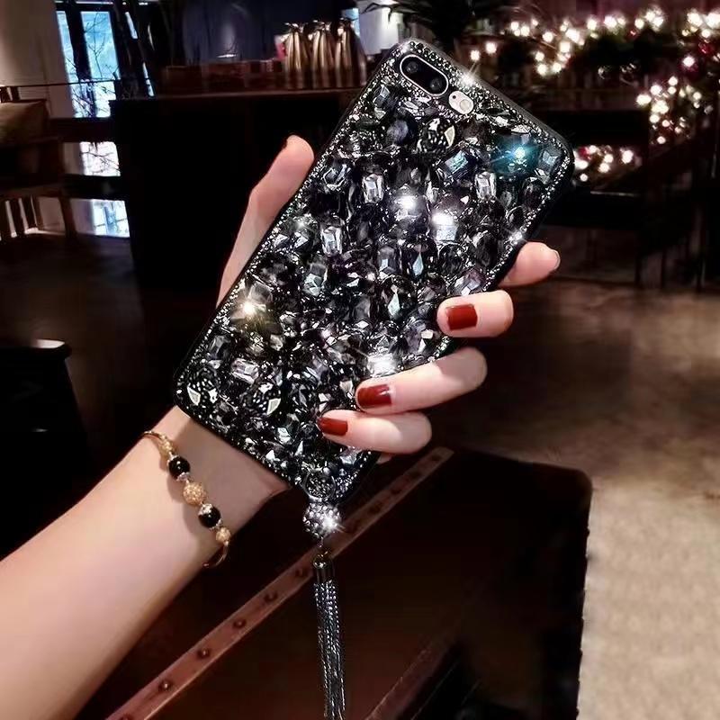 Luxusní 3D módní bling kamínky drahokamy diamanty měkké pouzdro na telefon pro iPhone 16 15 14 13 XS XR 11 Pro Max 12 MiNi třpytivé třásně závěsné ozdoby