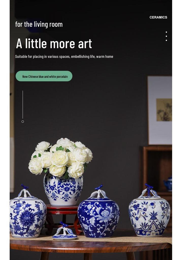 Blue & White Porcelain Vase: High-End Ceramic Apple Jar for Living Room or Entryway Decor.