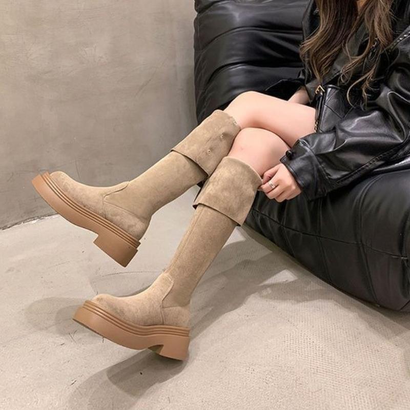 Women's Flip-Fold Thick Sole Over-The-Knee Chelsea Boots Autumn/Winter New Chunky Heel Slimming Design Comfort Shoes