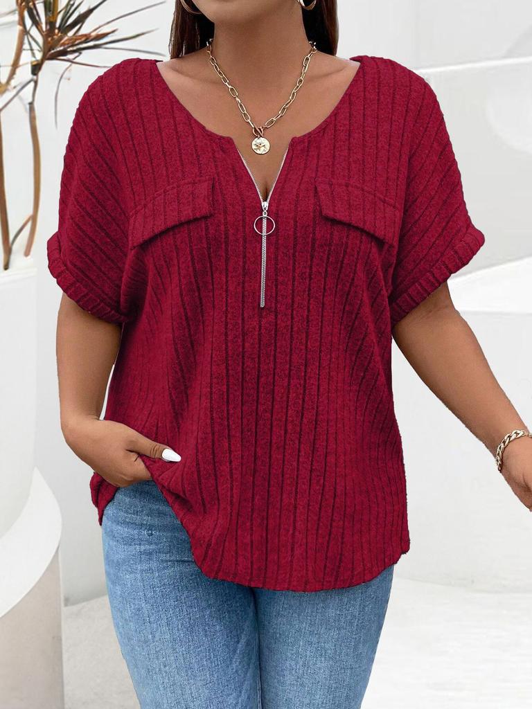 Dámský jednobarevný svetr s krátkým rukávem a zapínáním na zip, s falešnou kapsou, pro velikosti Plus Size, jaro/léto 2025.