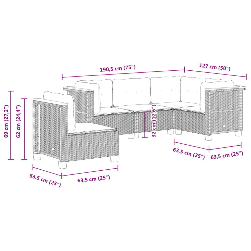 Vidaxl 5-Cz. Garden Lounge Set, Cushions, Black PE Rattan