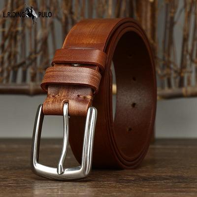 Ceinture en cuir pour homme, éraflée à la main, première couche, cuir de vache, cheval, huile-cire, assortie à tout, décontractée, boucle ardillon en cuir