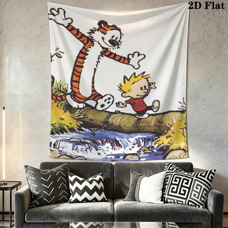 Calvin and Hobbes Wall Tapestry Aesthetic Wall Hanging Printed Fabric Blanket Decorative Tapestries for Bedroom Living Room Home Decor