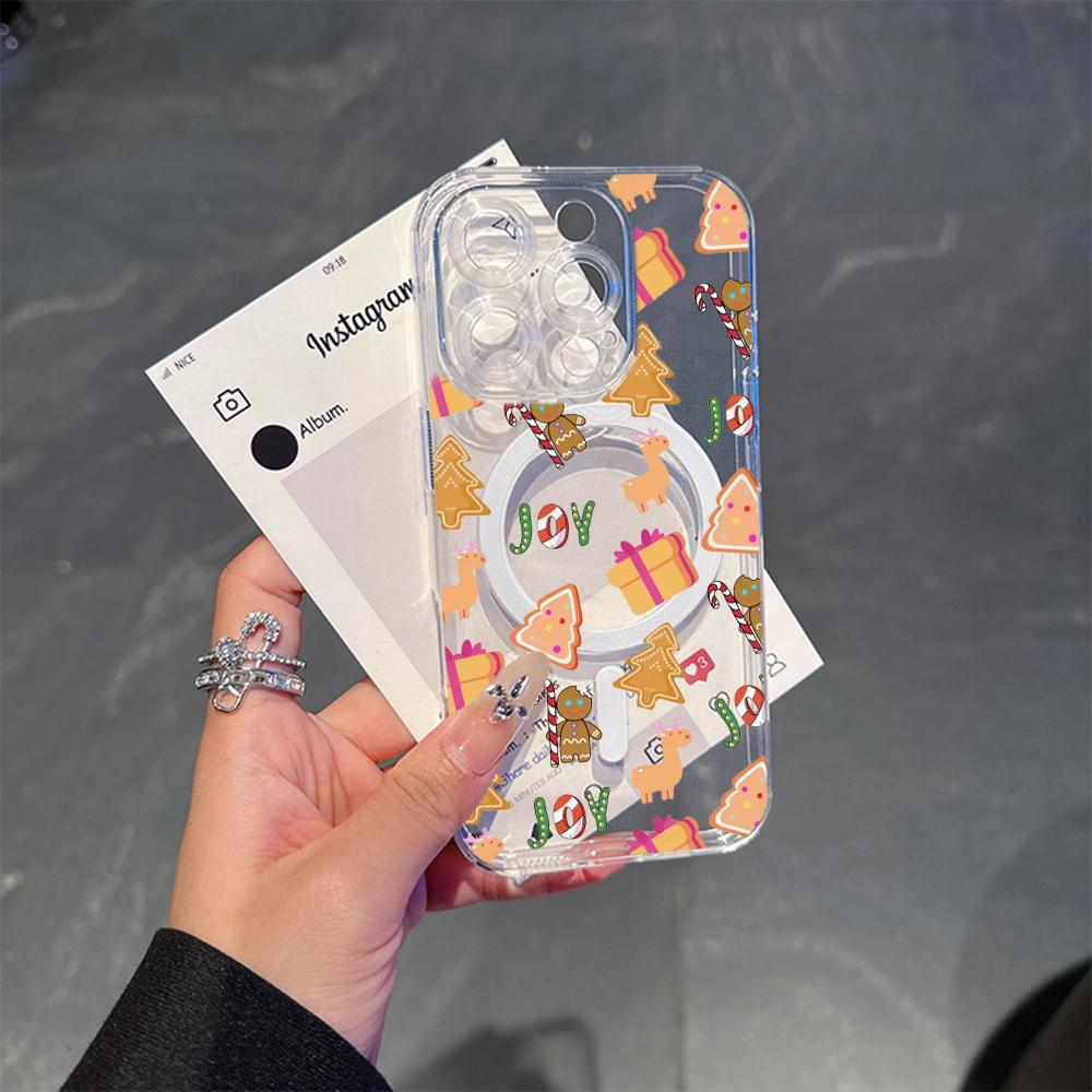 AC102 Christmas Happy New Year Magsafe Transparent Cases for Samsung S23 S24 Ultra S21 FE iPhone 16 13 Pro Max XR Magnetic Wireless Charge Back Cover