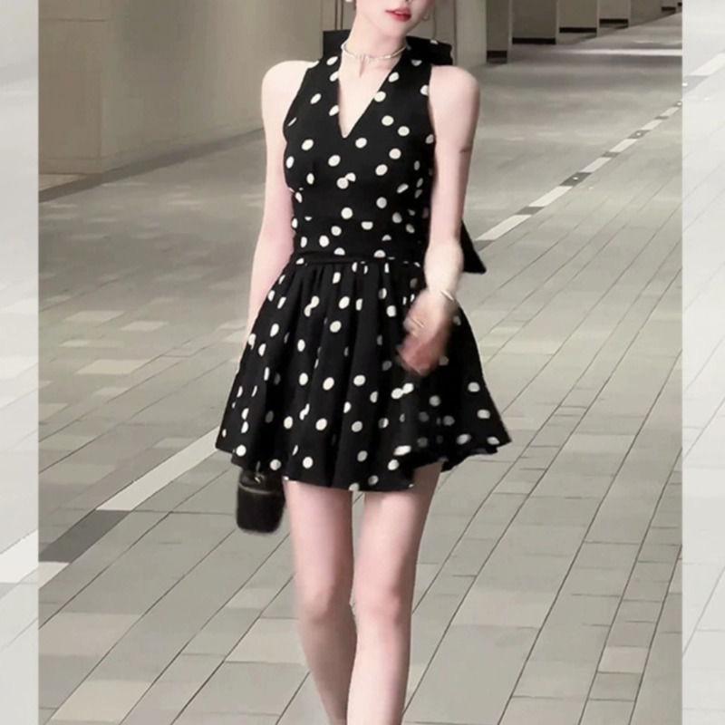 Bow Strap Backless Polka Dot Neck Dress Summer New Sweet and Spicy Waist and Thin Temperament a Word Short Skirt