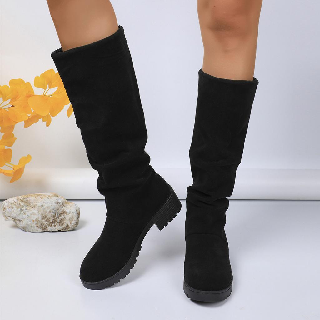 Damen Lang Runde Zehenpartie Wildleder Dicke Sohle Mode Stiefel Lässig Seitenreißverschluss Kniehoch Sexy Stiefel für Damen