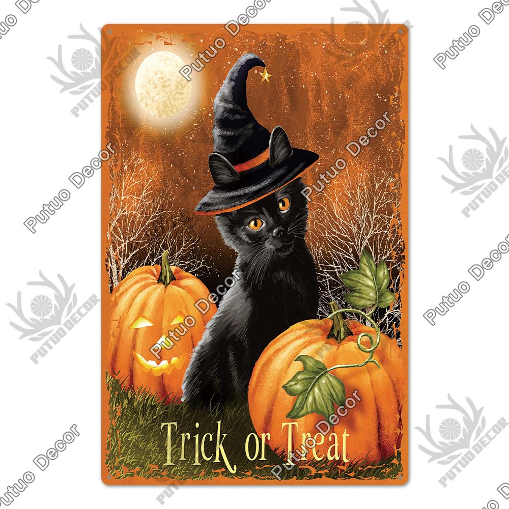 Putuo Decor Halloween Schwarze Katze Vintage Metallschild Plakette Metall Vintage Blechschild für Wohnzimmer Tür Tierhandlung Wanddekoration