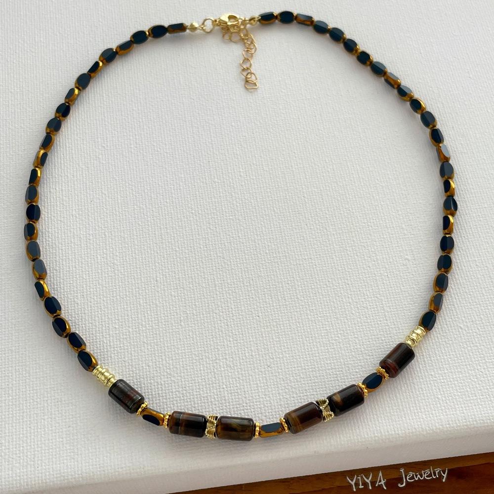 

Women Vintage Necklaces 14K Real Gold Plated Copper Strand Choker New Natural Tiger Eye Stone Cube Beads Fashion Jewelry 40cm