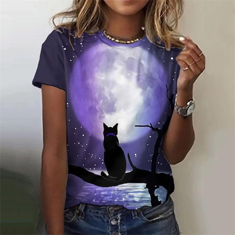 3D Printed Night Cat T-Shirt For Women Colorful Starry Sky Graphic Tees Summer Casual T Shirts Short Sleeves Round Neck Tops