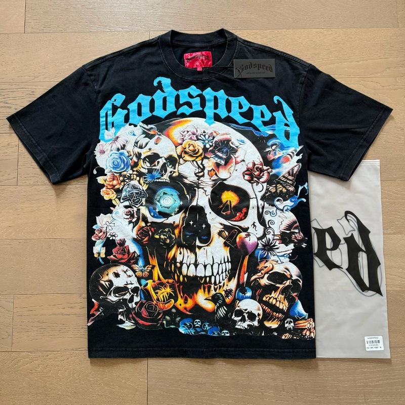 Godspeed retro printing foreign trade beauty tide high street men and women casual trend hip hop apricot old short sleeve T-shirt
