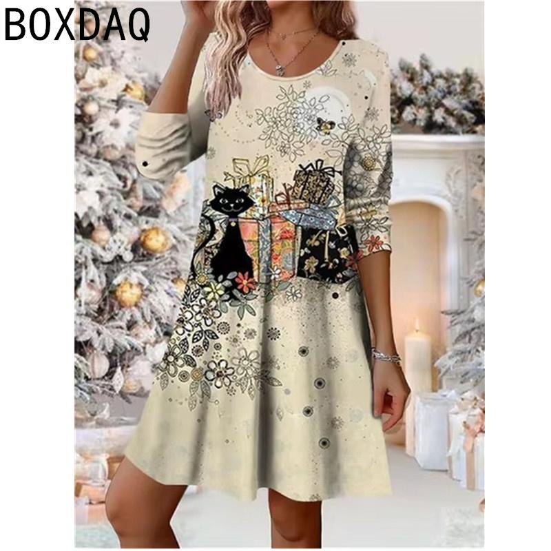 3D Funny Cartoon Cat Print Mini Dress Vintage Loose A-Line Casual Dress Autumn New Women's Long Sleeve O-Neck Sweet Kawaii Dress