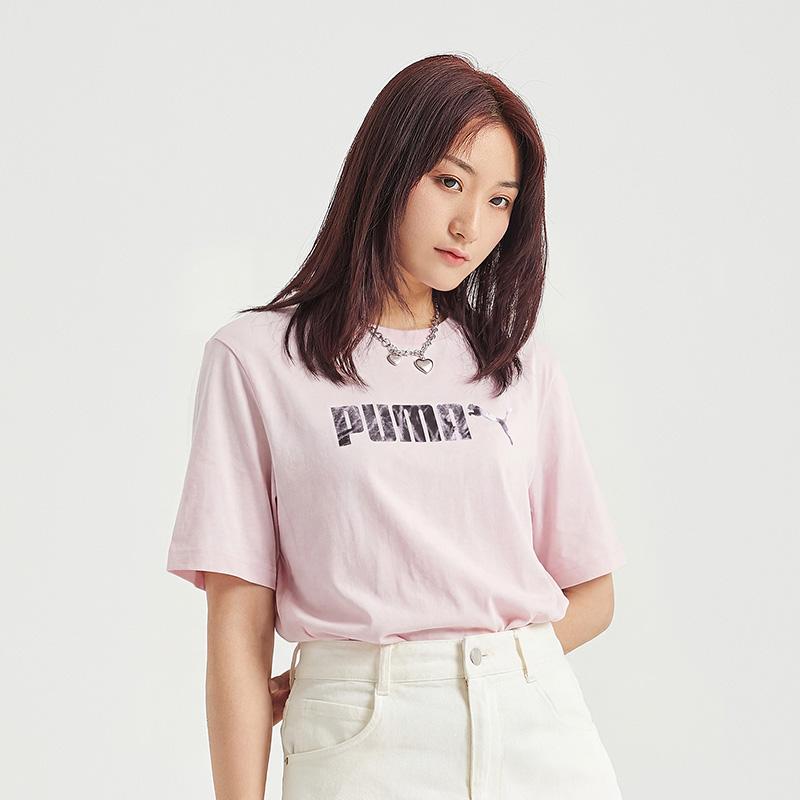 Puma Ess Printed Round Neck Pullover Short Sleeve Fashion Casual Pink Simple Sports T-Shirt Unisex Tops 697103-70