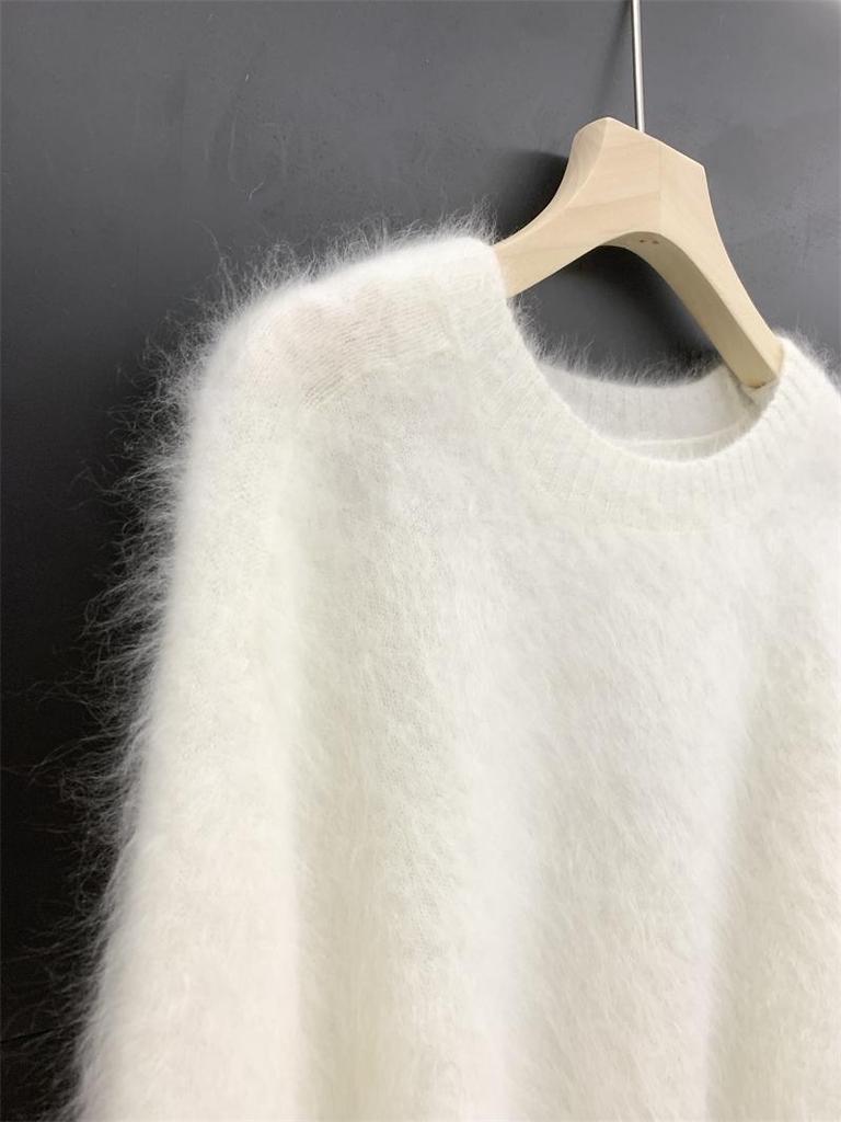 Women's Thickened White Cashmere Sweater - Pure Wool Brushed Long Hair Cardigan