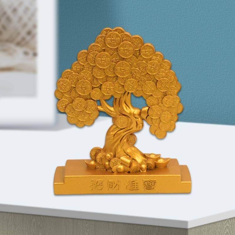 Gold Fengshui Statue Rotating Money Tree for Home and Office Decors Good Fortunes Metal Ornament with Wealth Symbolism