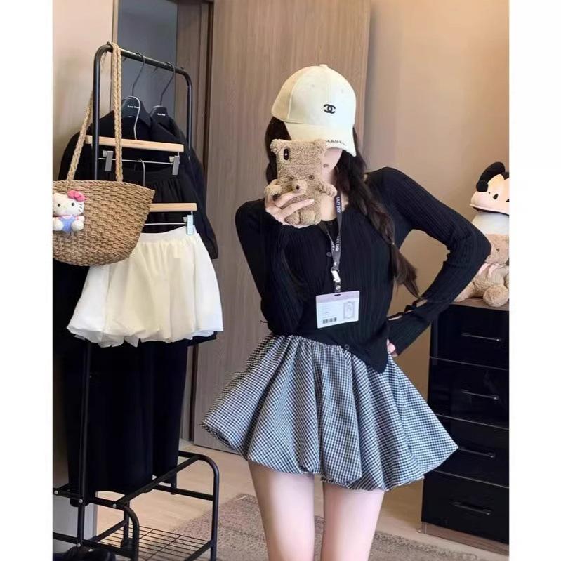 Korean Style Women's 2025 Summer High-Waist Slimming Midi Puff Skirt with Anti-Exposure Shorts