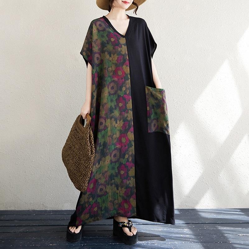 Short Sleeve Plus Size Cotton Vintage Floral New In Dresses for Women Casual Loose Maxi Long Summer Dress