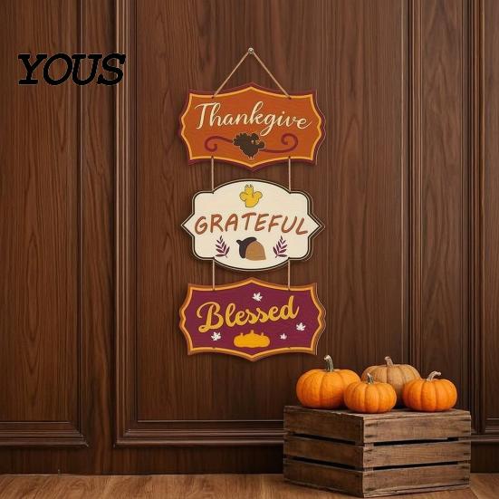 Retro Warm Brown Sign Wooden Door Sign, Farmhouse Autumn Hanging Decor with Turkey Acorns, And Acorn 3-Section Waterproof Porch Wall Prestrung