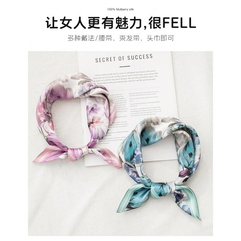 Elegant Silk Scarf Women 53x53cm Pure Mulberry Square Neck Floral Print Lightweight Accessory