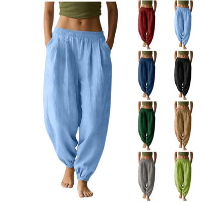 Women's Cotton Linen Pants Casual Elastic Waist Color Jogger Pants Comfy Beach Vacation Trousers With Pockets