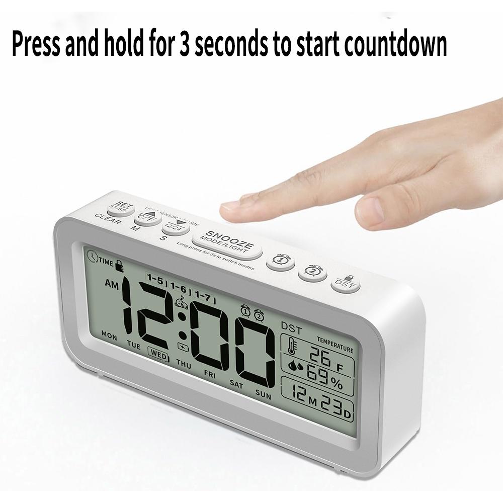 Digital Alarm Clock with Temperature Humidity Countdown LCD Calendar Weekday Display Battery Powered for Home Office Décor