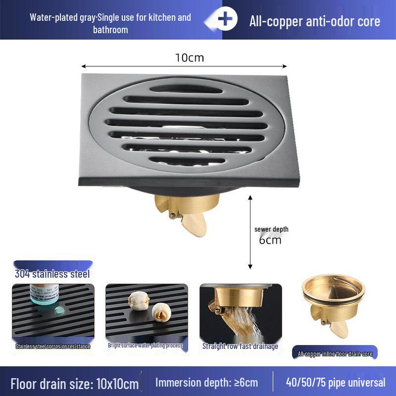 Gunmetal Gray 304 Stainless Steel Odor-Resistant Floor Drain with Copper Core for Shower & Washing Machine.