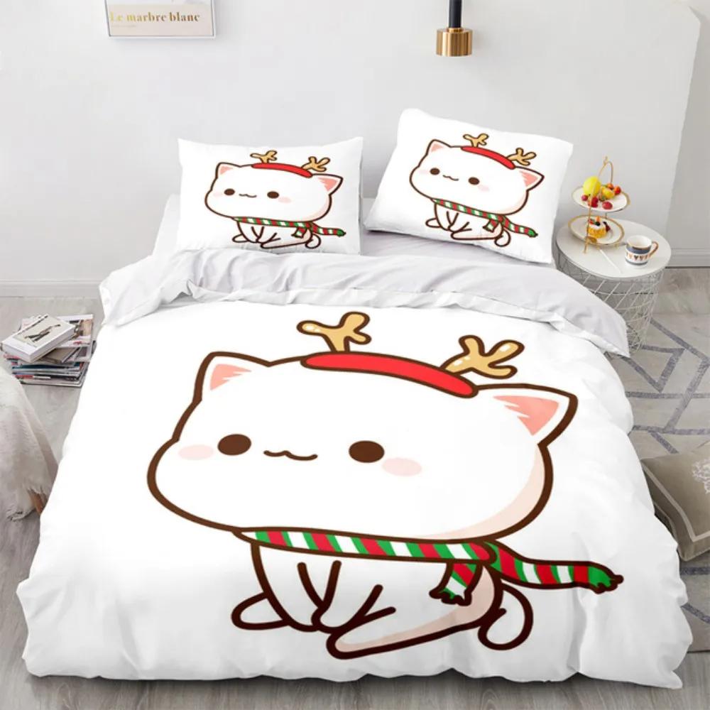 Cartoon Lovely Peach Cat Bedding Set Boys Girls Twin Queen Size Duvet Cover Pillowcase Bed Kids Adult Fashion Home Textileextile