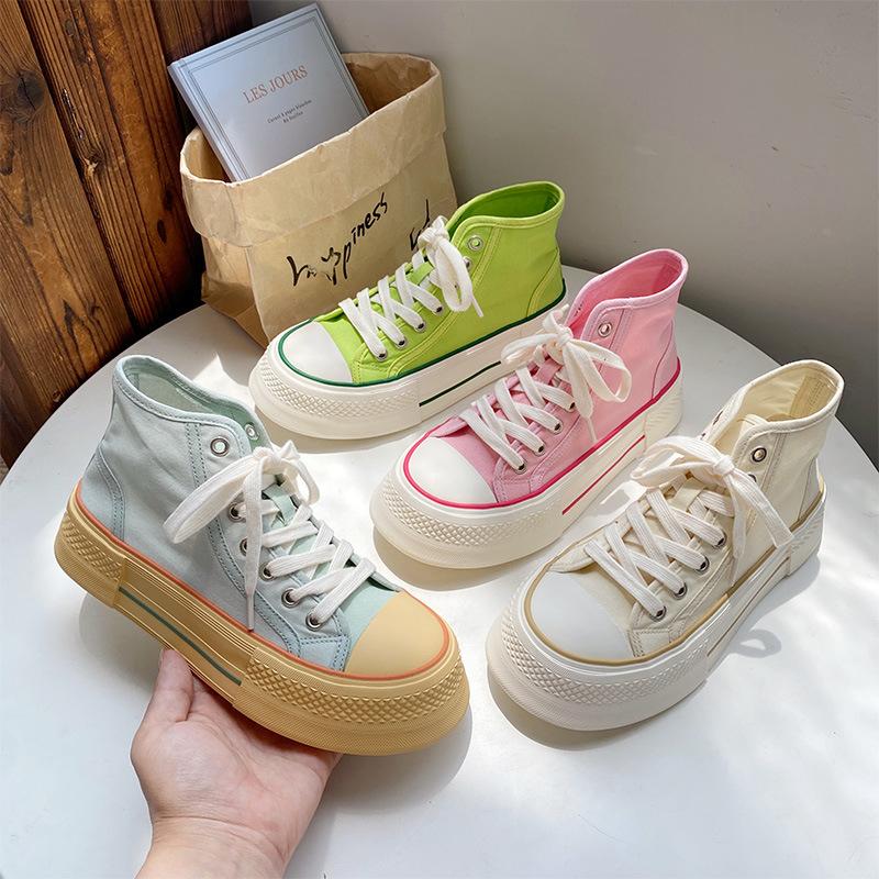 Autumn candy color high-top canvas shoes women's platform sole fashion versatile cute little white board shoes big head casual shoes