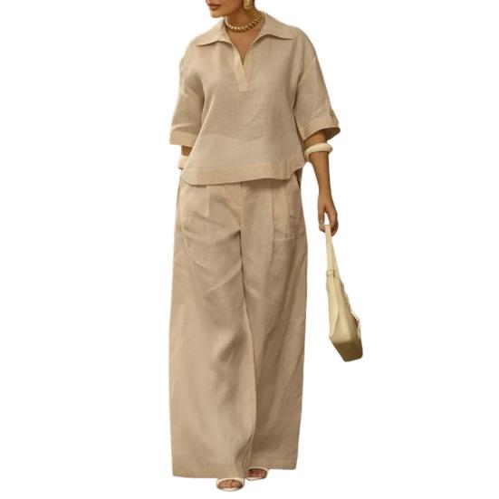 

Women s 2 Piece Sets Casual Short Sleeve Lapel V Neck Top And Wide Leg Pants Summer Travel Vacation Lounge Outfits S хакі