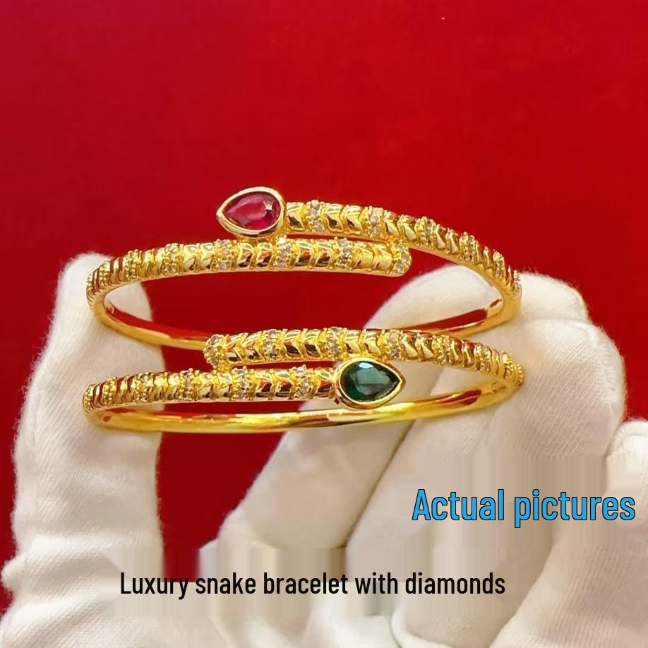 Kadınlar İçin Lüks Pırlanta Taşlı Yılan Bilezik Yüzük Seti, Zarif Yılan Yılı Açık Bilezik