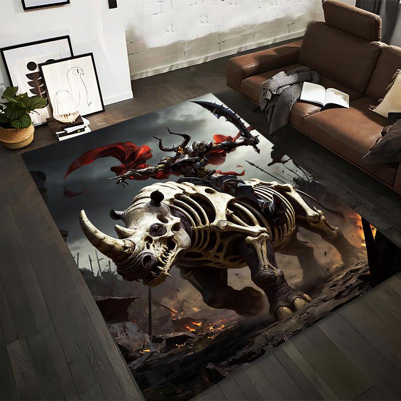 "Skeleton Rhino Warrior with Rider and Red Cloak Fantasy Carpet" Suitable for use as an anti-slip for living room bedroom sofas