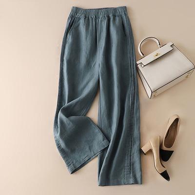 Frühling Sommer Damen High-Waist Plissee Weitbein Hose Baumwolle-Leinen Leichtgewichtige Lässige Passform