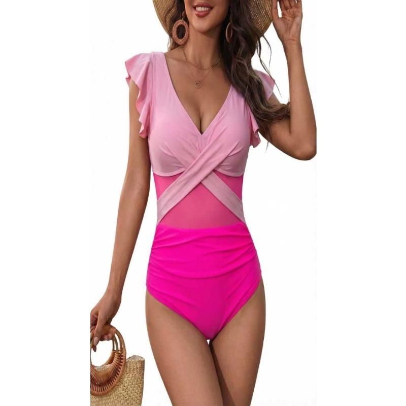 Costume da bagno intero da donna con maniche a volant, incrociato sul davanti, tinta unita, costume da bagno da spiaggia