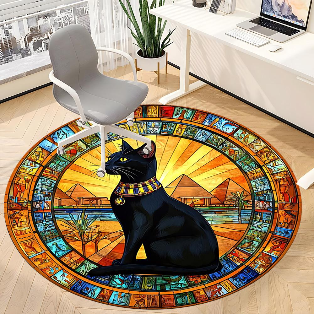 1 Stück Ägyptische Katze Büro Runder Teppich, Indoor-Matte Geeignet für Büro, Unter Bürostühlen Schlafzimmer Wohnzimmer Heimdekoration, Raumdeko