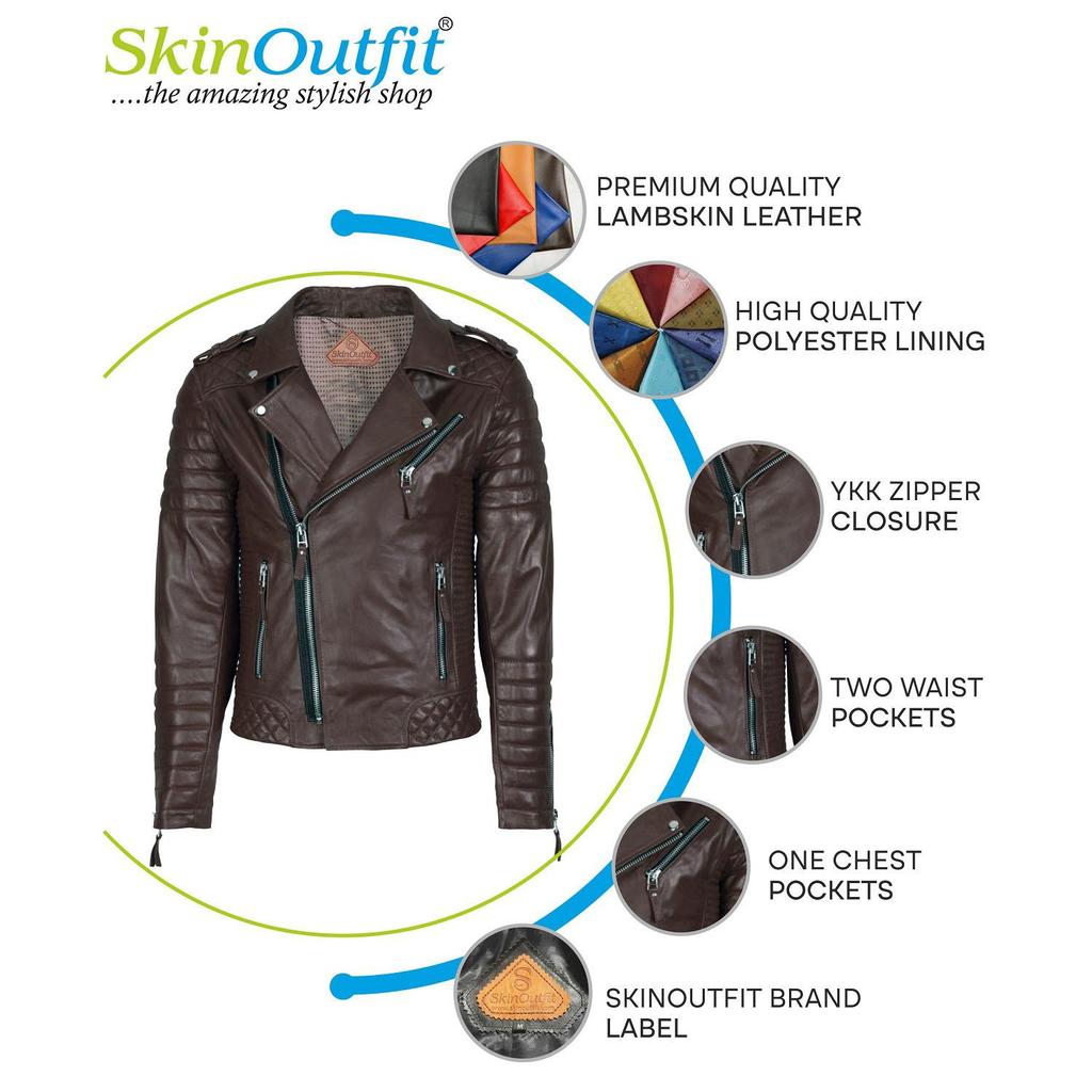 SKINOUTFIT Men Motorcycle Leather Jacket Genuine Brown Lambskin Café Racer Biker Outerwear