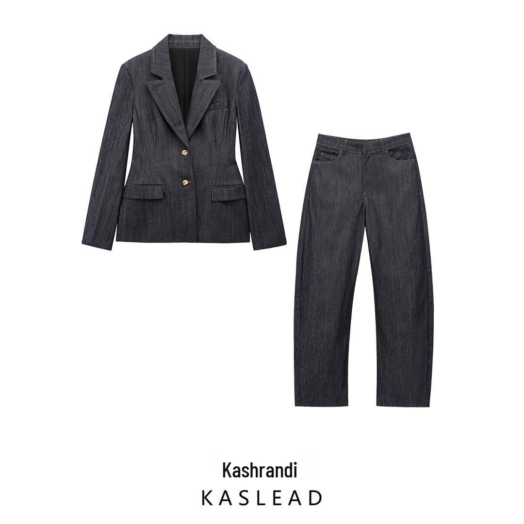 

2025 Spring Women s European-American Style Chic Denim Suit: Waist-Hugging Jacket & Casual Pants Set Large