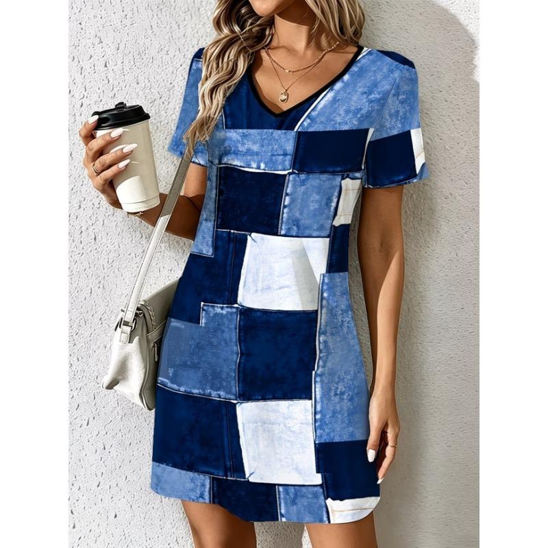 Fashionable Women's Summer Dress Colorful Geometric Plaid Print V-Neck Short Sleeve Casual Dress
